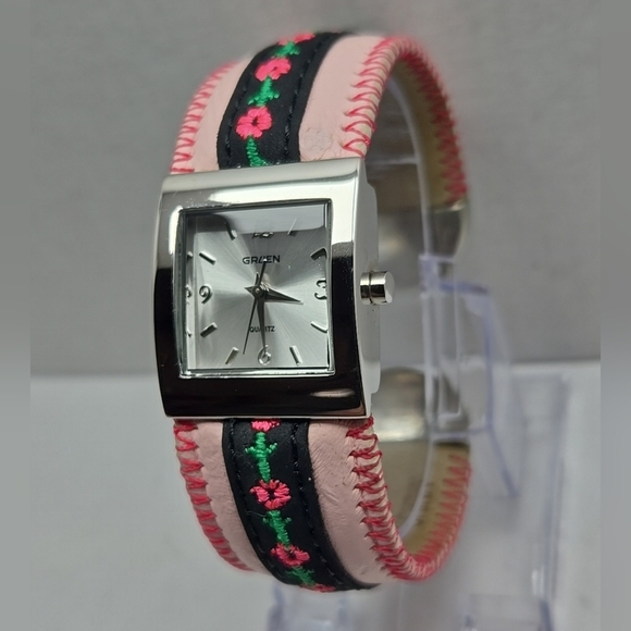 Womens Vintage Gruen Silver Quartz Watch Pink Flower Band New Battery Cuff - Picture 2 of 11
